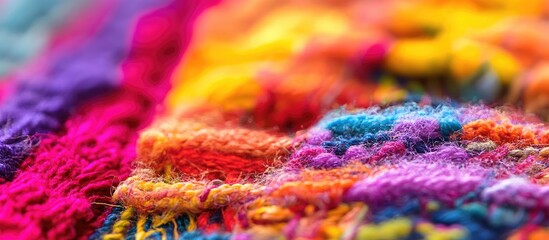 Poster - Vibrant macro close-up of intricate carpet fibers displaying colorful patterns in textile art showcasing detailed craftsmanship.