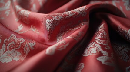 Poster - Elegant red satin fabric with intricate floral patterns creating a luxurious texture perfect for textile design and fashion backgrounds.