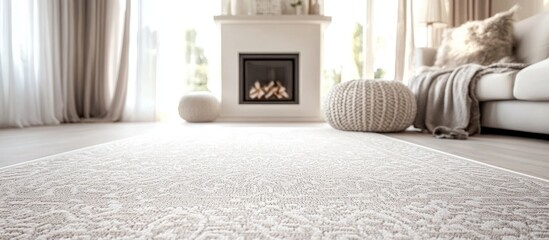 Poster - Intricate machine woven carpet on white background enhancing modern interior with cozy fireplace and elegant decor elements