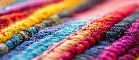 Poster - Vibrant macro detail of intricate carpet fibers displaying rich colors and patterns in textile art close-up photography.