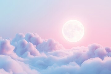 Poster - Celestial moment unfolds with the soft glow of the moon illuminating pastel clouds at twilight. Generative AI