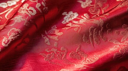 Poster - Luxurious red satin fabric texture with intricate floral patterns ideal for textile design backgrounds and elegant decor projects