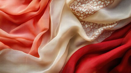 Poster - Elegant red silk and chiffon fabric texture showcasing rich hues and delicate draping for upscale textile and fashion design.