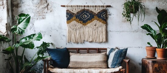 Poster - Macraweave wall hanging showcasing intricate patterns ideal for bohemian and natural interior decor enhancing living spaces and aesthetics