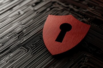 Aufkleber - Red Shield with Keyhole Symbol on Dark Circuit Background Representing Security