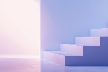 Poster - Soft pastel hues illuminate a modern staircase, enhancing the tranquil ambiance of a minimalist space. Generative AI