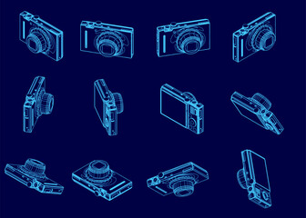 Poster - Series of blue images of a camera. The camera is shown in various positions and angles, with the top of the camera being the most prominent. The images are all in blue