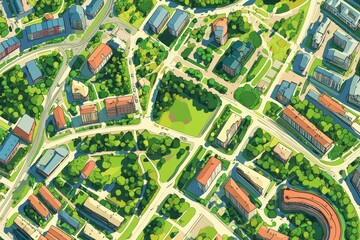 Wall Mural - Aerial view: city buildings, green spaces, roads.