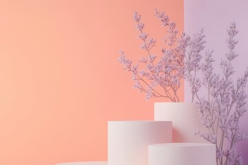 Poster - Modern display featuring pastel colored pillars and dried flowers against minimalist backgrounds in a stylish interior setting. Generative AI