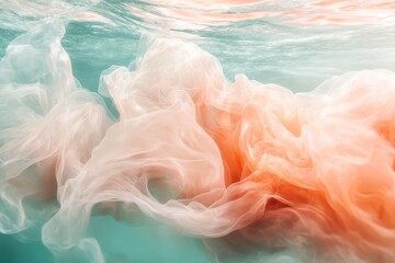 Poster - Soft swirling colors of fabric underwater create a serene, dreamlike atmosphere at a peaceful seaside location. Generative AI