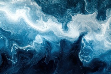 Poster - Swirling blue and white abstract design with fluid patterns resembling ocean waves in a deep, dark background. Generative AI