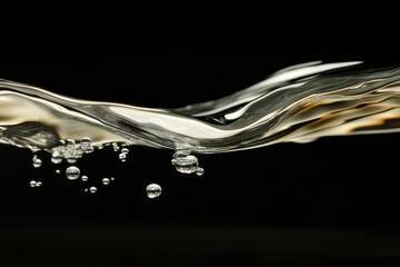 Poster - Bubbles rise through shimmering liquid wave against dark backdrop during artistic water splash process. Generative AI