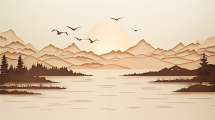 Wall Mural - Paper cut design of a travel scene with mountains and a lake, space on the left, soft natural light, light beige background,Generative ai illustration