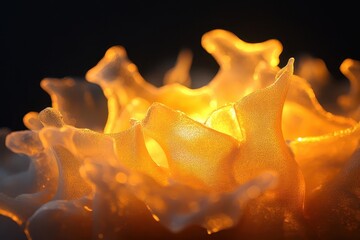 Poster - Intricate patterns of luminous orange light emerging from textured translucent forms in abstract display. Generative AI