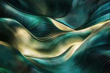 Poster - Colorful abstract waves of green and gold flowing gracefully in a digital landscape. Generative AI