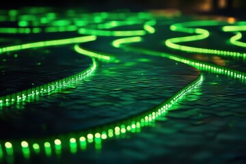 Poster - Illuminated green light paths on textured surface create a mesmerizing visual display at night. Generative AI