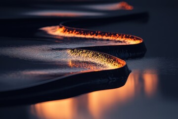 Poster - Reflections of golden light on the smooth surface of a tranquil water body at sunset with unique formations. Generative AI