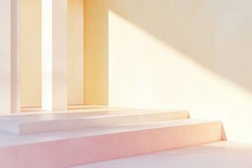 Poster - Modern architectural space with warm lighting and pastel colors creating a tranquil atmosphere for relaxation and creativity. Generative AI