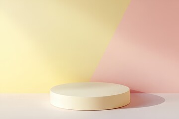 Poster - Simple display platform against a two-tone pastel background in soft yellow and pink hues. Generative AI