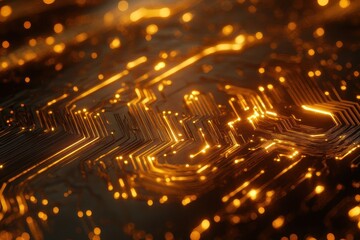 Poster - Stunning close-up of intricate circuit board design illuminated by glowing orange lights at a technology expo. Generative AI