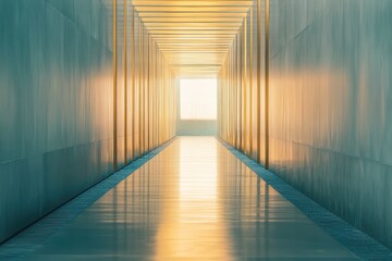 Poster - Light-filled corridor leads to a bright exit in a modern architectural space during golden hour. Generative AI