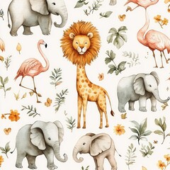  Watercolor Pattern of African Animals Lion Giraffe Elephants Flamingos Tropical Wildlife Nature Safari Art