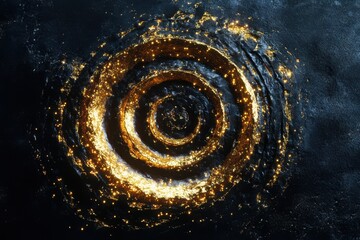 Poster - Swirling golden circular patterns on dark water surface create mesmerizing visual effects during nighttime. Generative AI