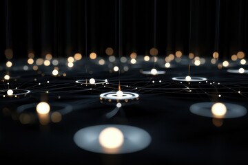 Poster - Dark background with glowing orbs and lines creating a futuristic network of interconnected lights in a digital space. Generative AI