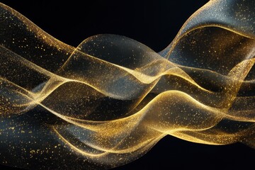 Poster - Abstract golden wave patterns glimmering against a dark background creating a sense of fluid movement and shimmer. Generative AI