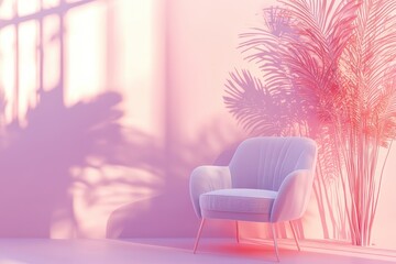 Poster - Charming living room corner with soft chair and playful shadows during serene daylight hours. Generative AI