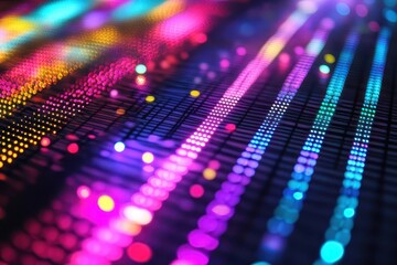 Poster - Colorful digital abstract illustration displaying vibrant light patterns resembling sound waves at night. Generative AI