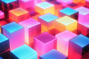 Poster - Colorful translucent cubes illuminated by light create a vibrant geometric display in an abstract arrangement. Generative AI