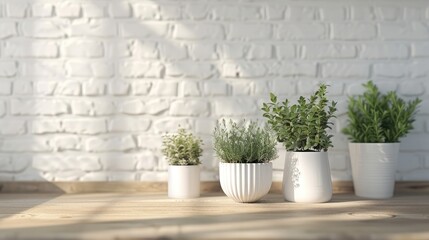 Canvas Print - Banner View of white kitchen in modern style, kitchen details, plants on wooden table, white ceramic brick wall background. Sustainable living eco friendly kitchen.