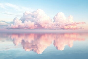 Poster - Calm water reflects pink and white clouds during sunset over a serene landscape enhancing nature's beauty. Generative AI
