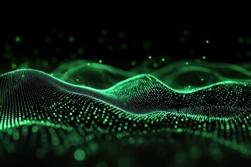 Poster - Dynamic green wave patterns illuminated with floating particles create a mesmerizing visual experience in a digital landscape. Generative AI