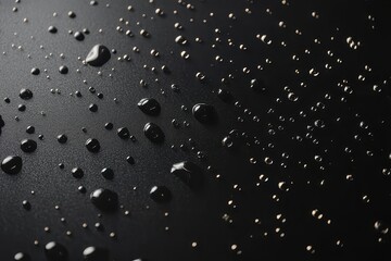 Poster - Close-up view of water droplets on a dark surface displaying reflections and texture in a modern setting. Generative AI