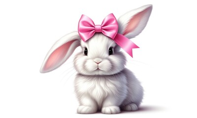 Adorable white bunny with pink bow on fluffy ears against white background