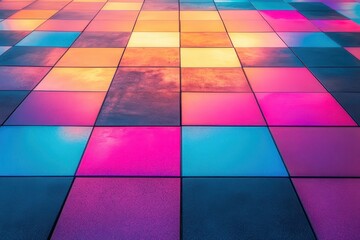 Poster - Colorful reflective tiles create a vibrant visual display in an urban setting during dusk. Generative AI
