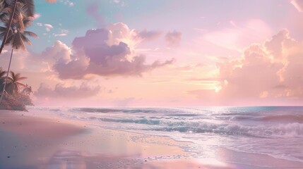 Canvas Print - beach view, soft pink sunset