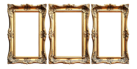 Wall Mural - Set of empty natural vintage gold frame element set on transparent background. Antique gold picture mirror frames. golden photo frame isolated. PNG file, cut out. Realistic border rectangular picture