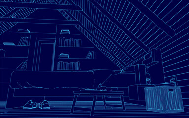 Poster - Blue image of a room with a bed and a desk. The room is empty and the blue and white color scheme gives it a calm and peaceful mood