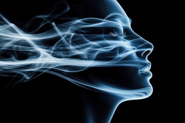 Poster - Profile of a woman with swirling smoke patterns representing thoughts and emotions in a dark atmosphere. Generative AI