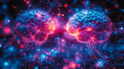 Poster - Neural Network Connections in Human Brain Illustration with Glowing Pathways