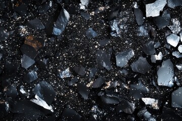 Poster - Dark obsidian stone texture with sparkling crystal formations captured in natural light. Generative AI
