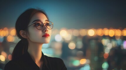 Young Woman Looking at City Lights at Night