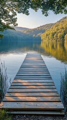 Wall Mural - Tranquil wooden dock extending into calm lake at sunset surrounded by lush green trees