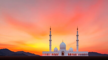 Wall Mural - A majestic mosque silhouette against a vibrant sunset sky.