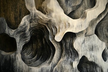 Wall Mural - Abstract layered sculpture; textured, grayscale, undulating forms.