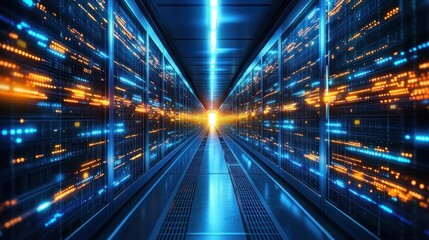 Poster - Futuristic Data Center Corridor with Blue and Orange Lighting Emphasizing Technology and Security