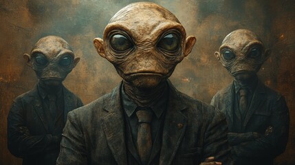 Wall Mural - Three aliens are standing in front of a wall, all wearing suits and ties